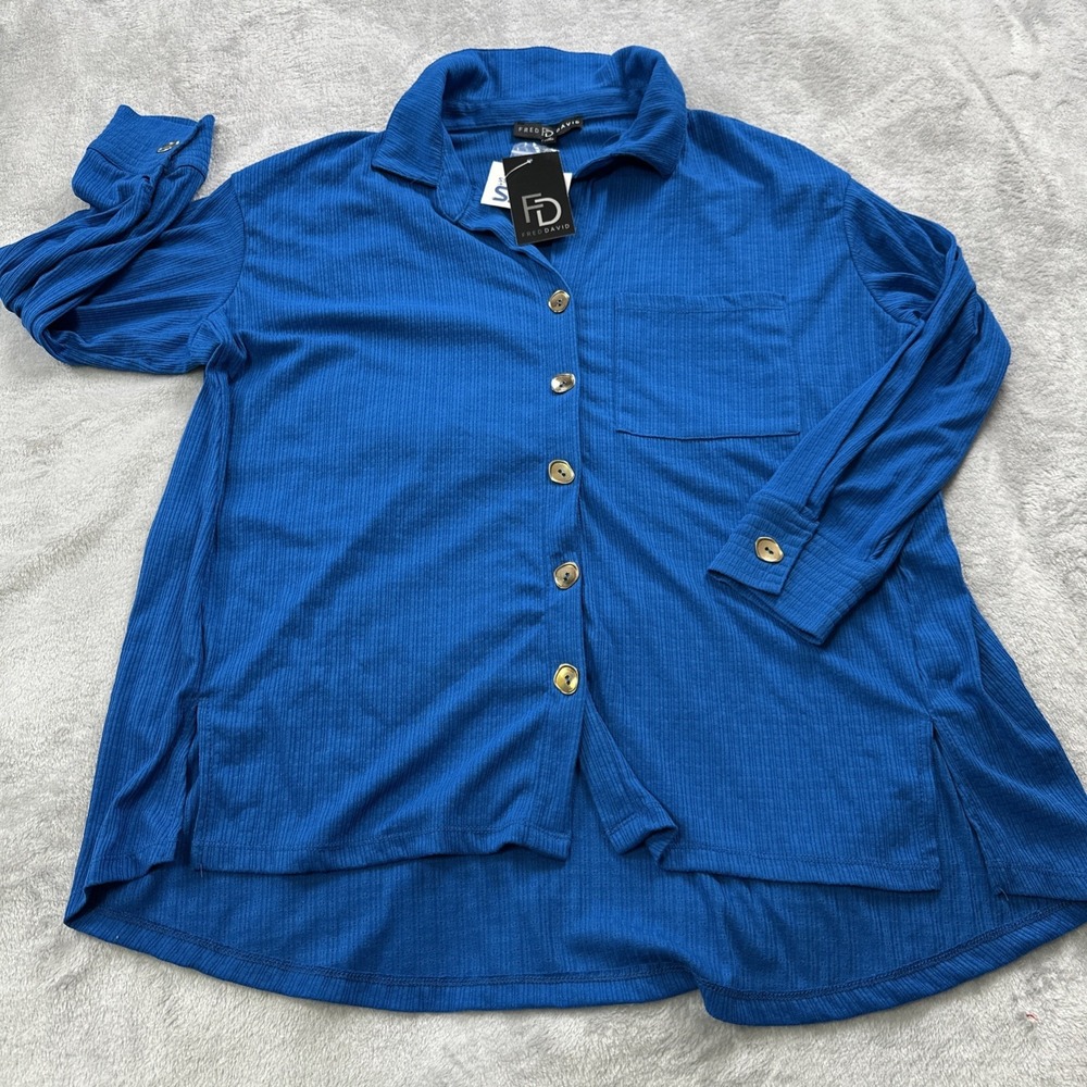 Fred David Blouse Top Women's Plus 1X Button Down Turquoise Blue Gold Button NEW